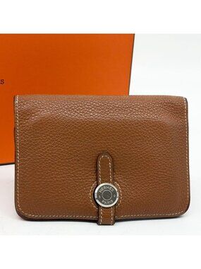 Hermes Dogon Compact Togo Bifold Brown Silver Wallet